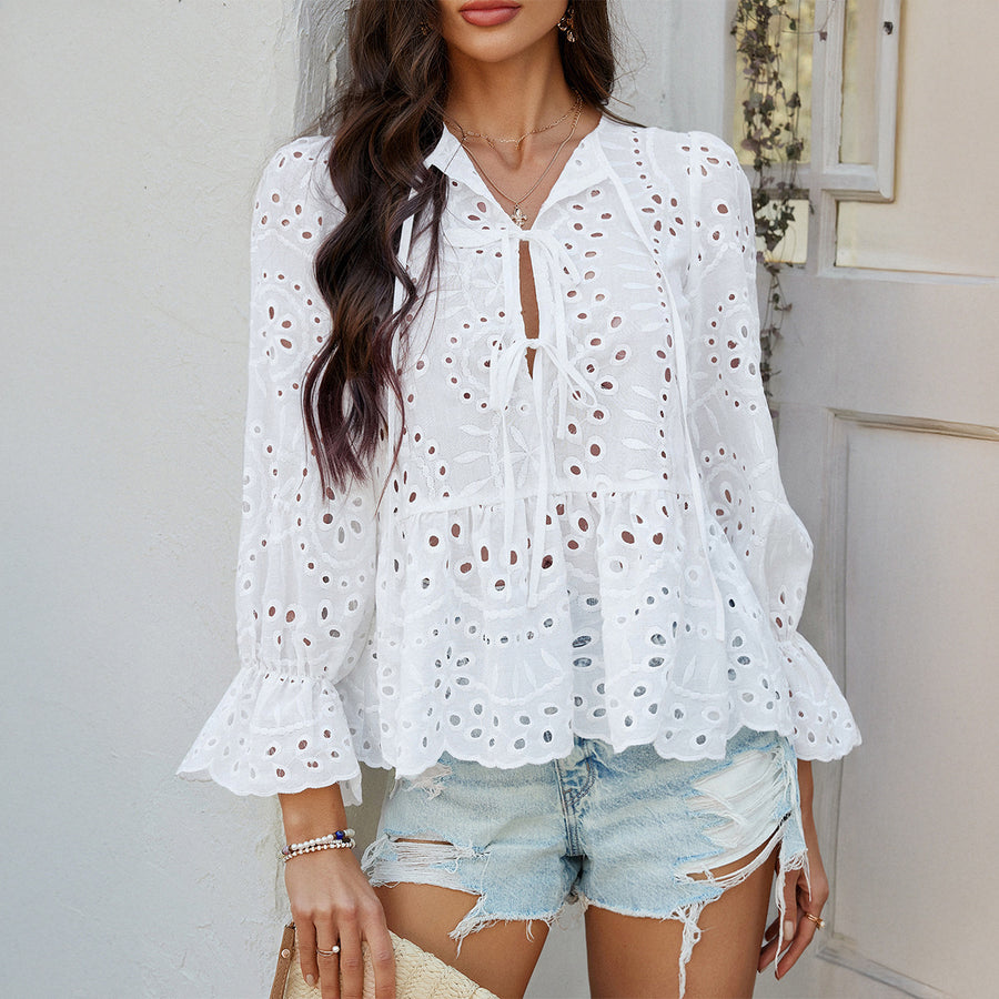 Loose Fit Lace-Up Cut Out Knit Shirt — White