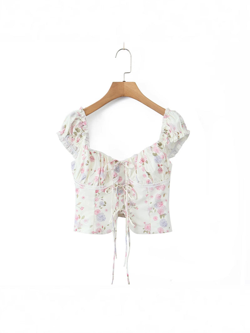 Vintage Floral Lace-Up Back Top — White - Image 2