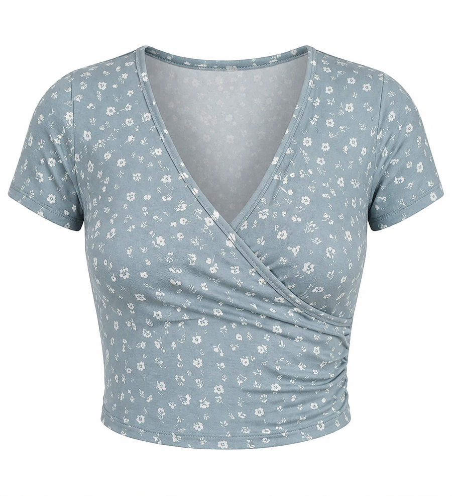 Floral V-Neck Tee — Grijsblauw