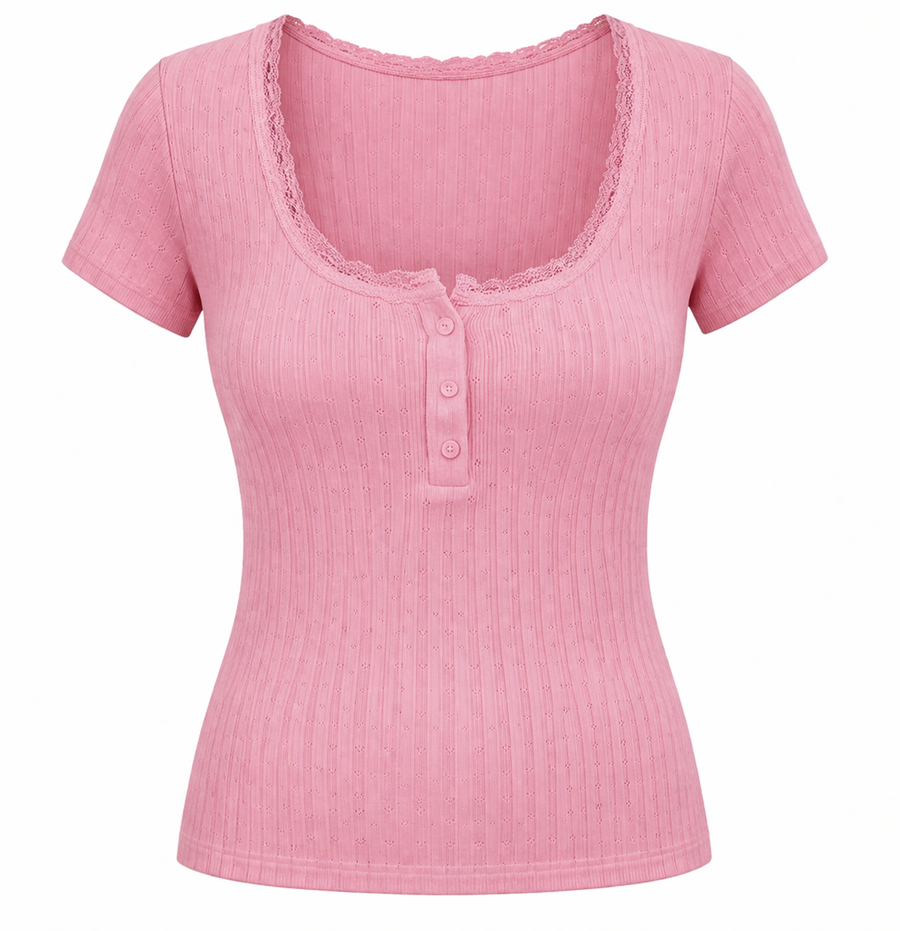 Floral Lace Trim Knit Dress — Pink