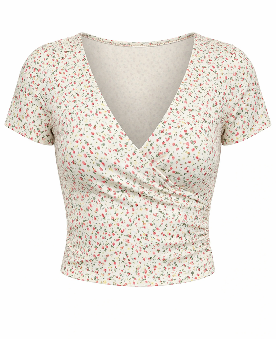 Floral V-Neck Tee — Beige