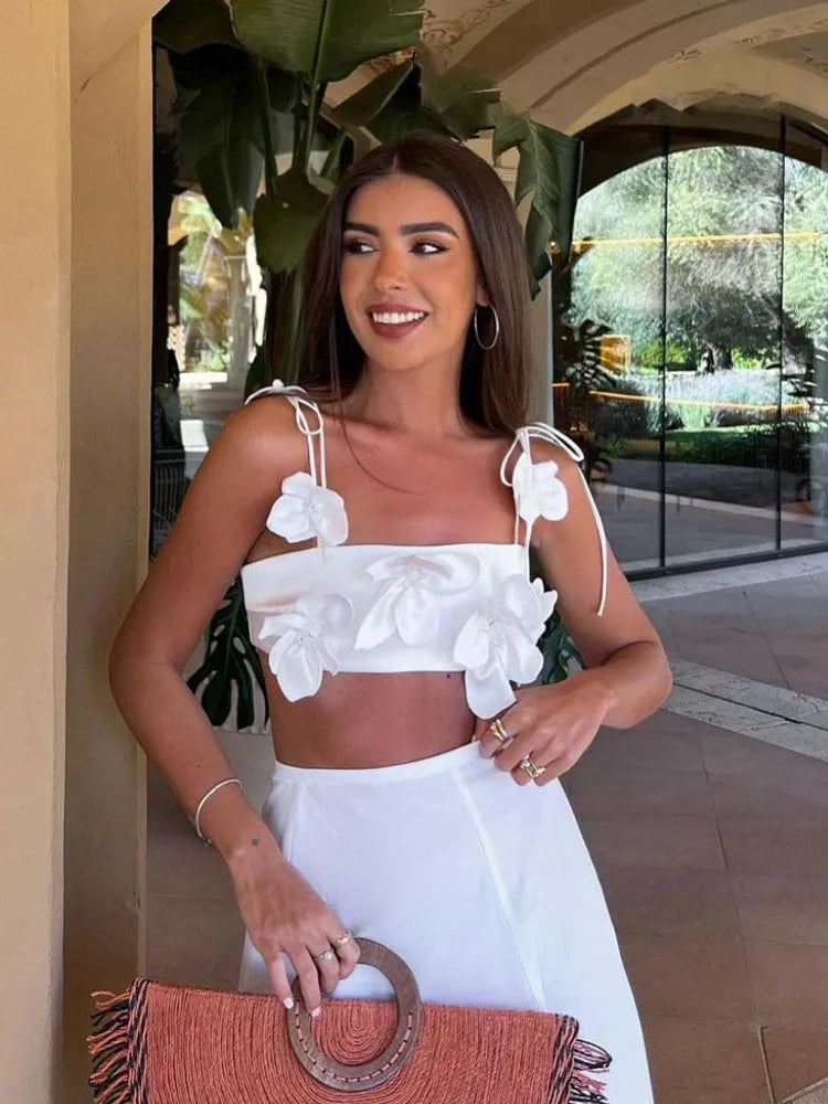 Floral Lace-Up Top — White - Image 2