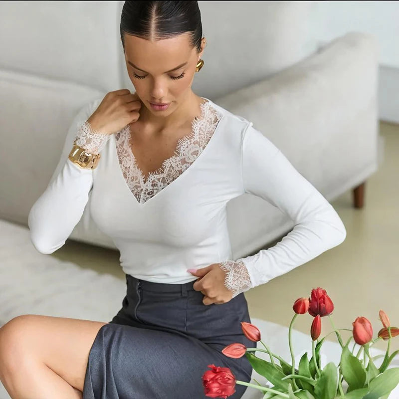 V Neck Lace Panel Top
