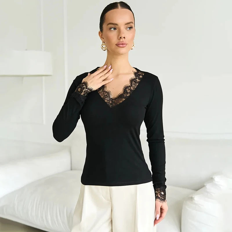 V Neck Lace Panel Top