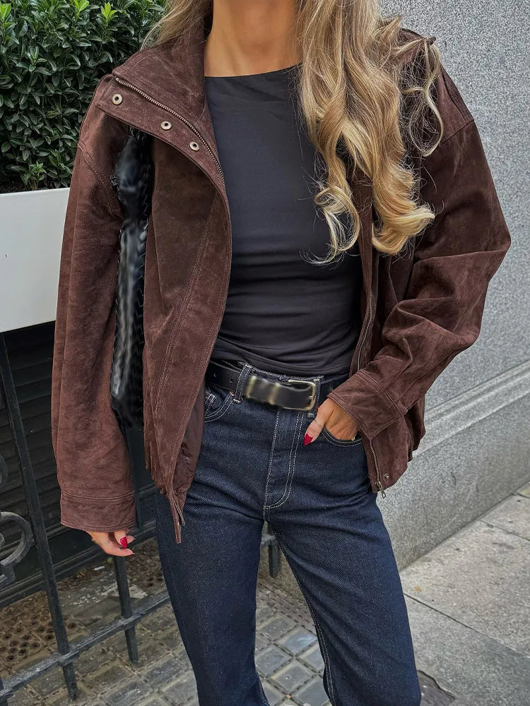 Cropped Suede Jacket — Dark Brown - Image 2