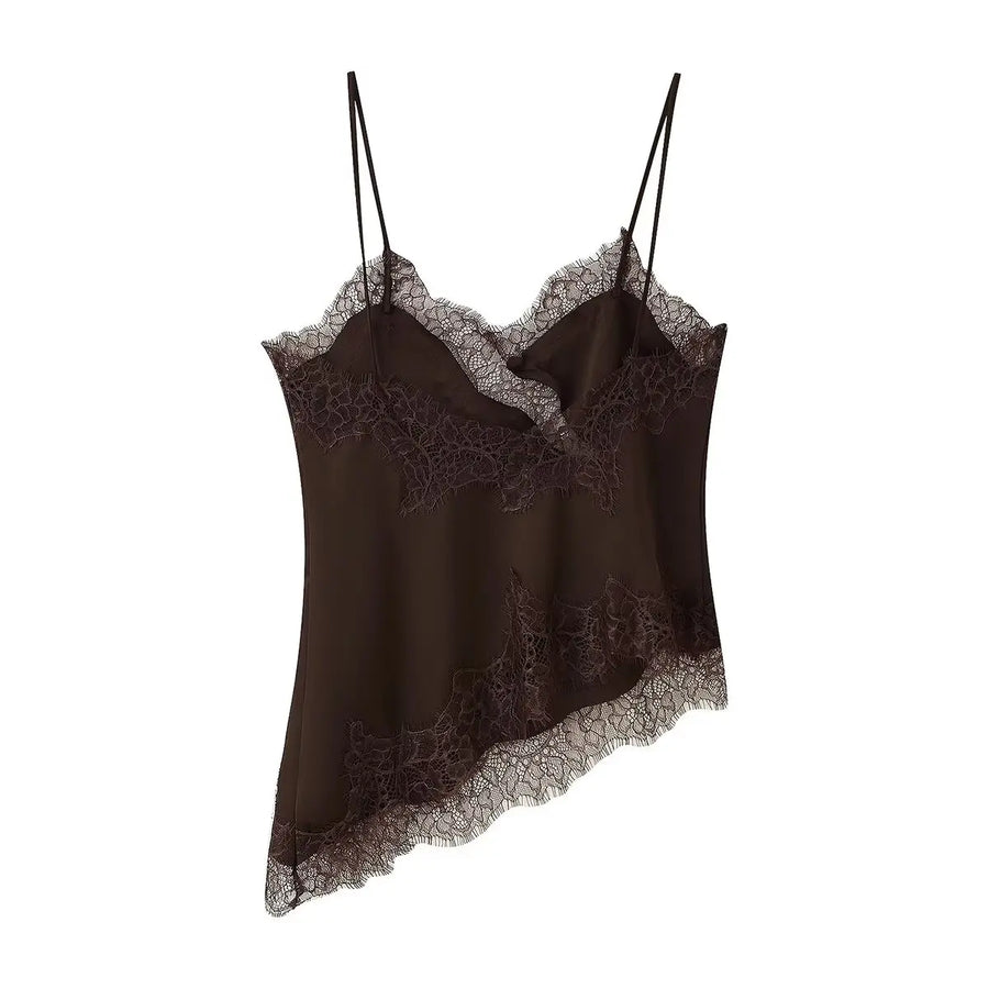 Lace Panel Backless Cami — Brown