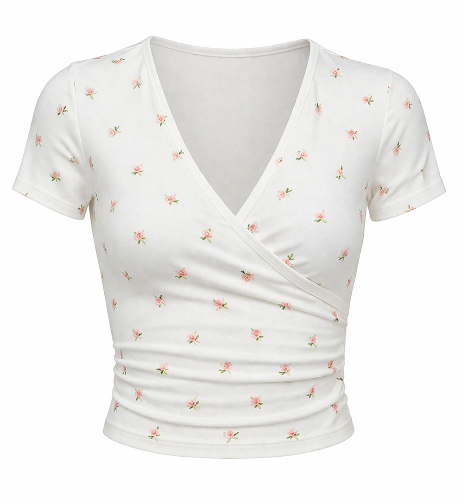 Floral V-Neck Tee — White