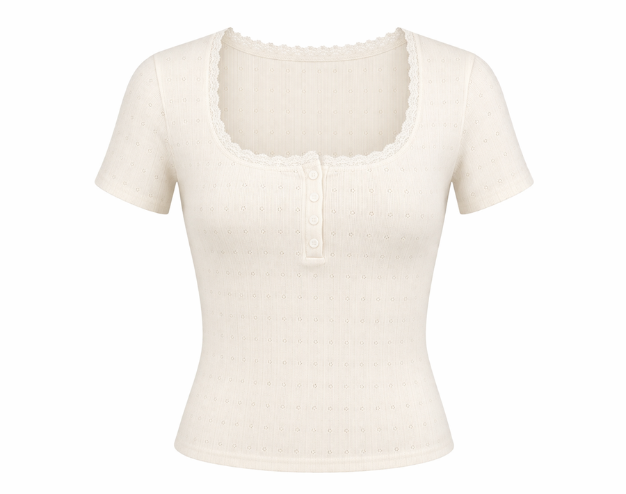 Floral Lace Trim Knit Dress — Beige