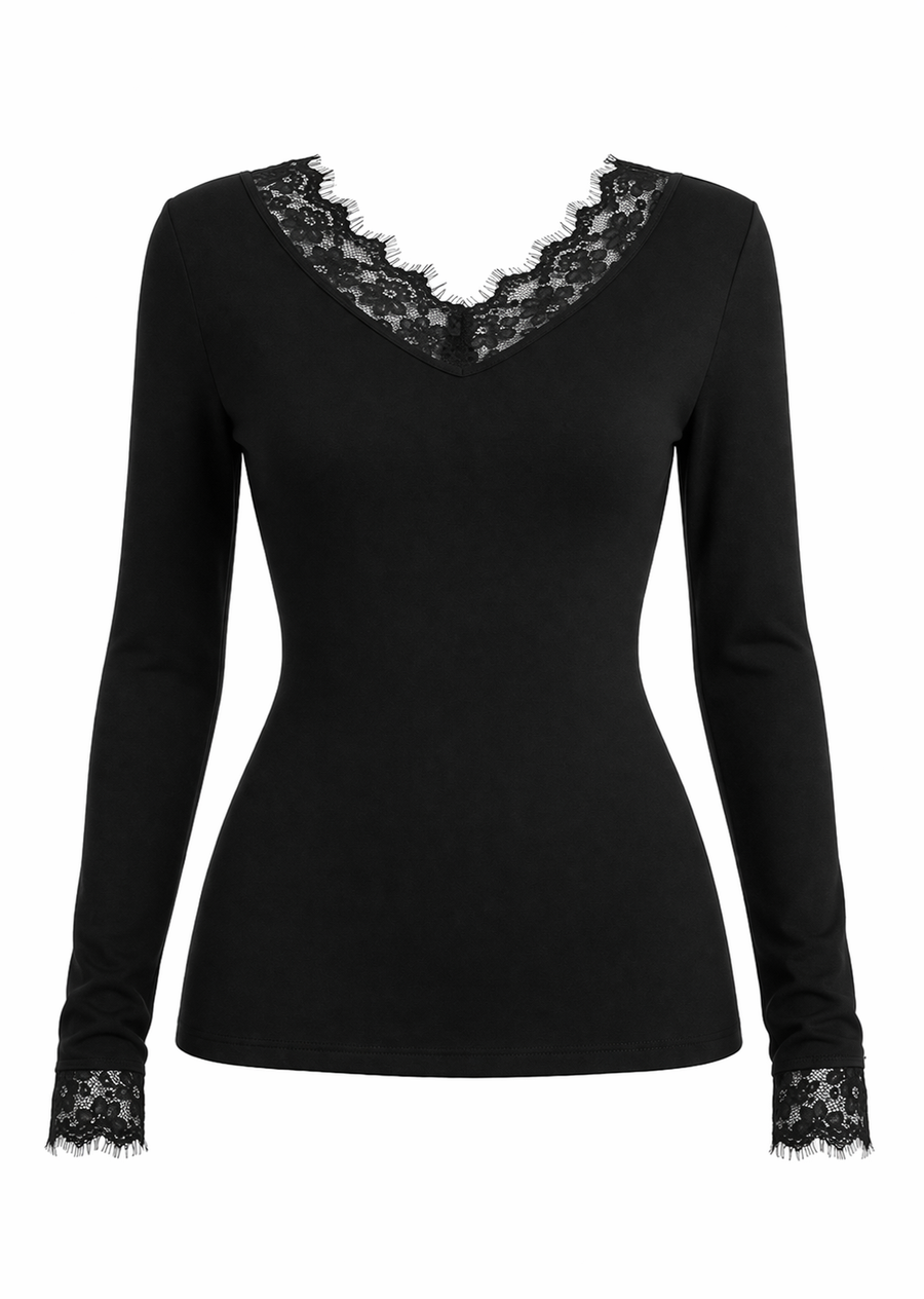 V Neck Lace Panel Top — Black