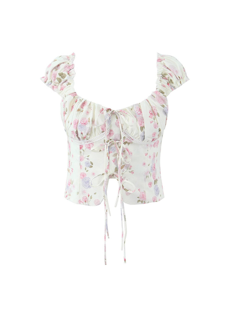 Vintage Floral Lace-Up Back Top