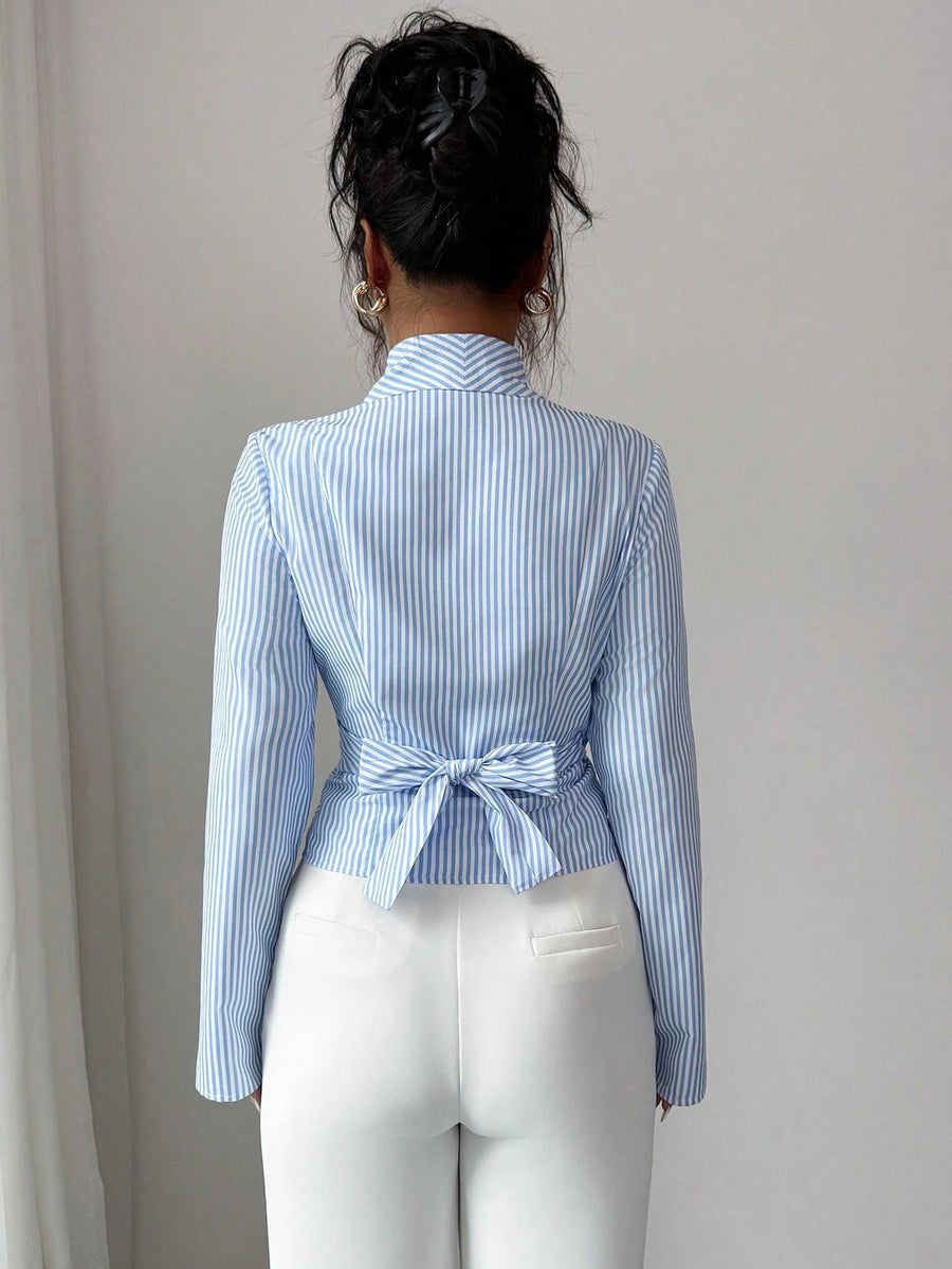 Striped long-sleeved tie-front shirt — Sky blue - Image 2